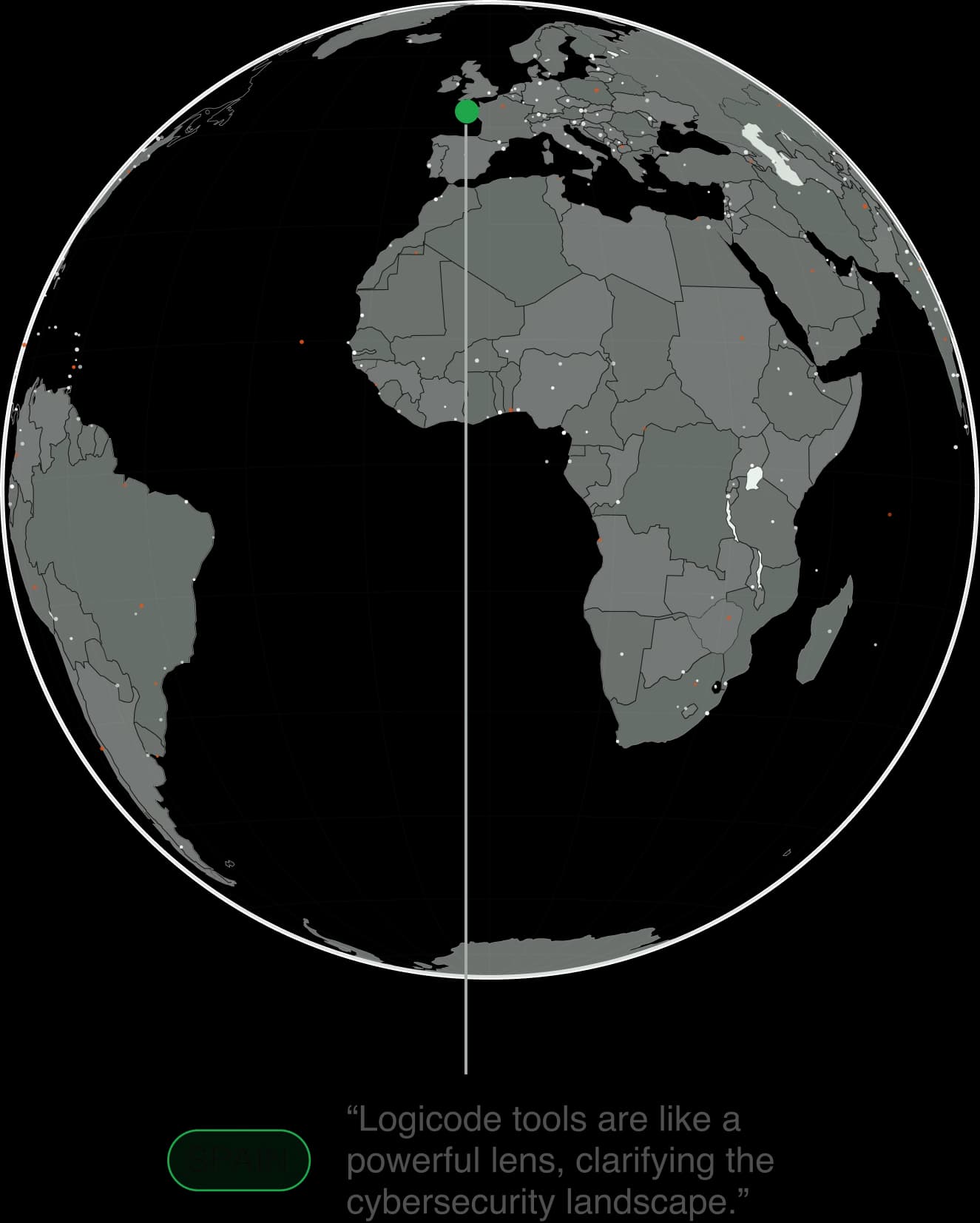 Stylized Earth visualisation with Spain highlighted, representing Logicode's European cybersecurity footprint with global reach
